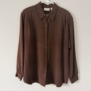 Liz Claiborne Collection Brown 100% Silk Button Down Blouse Shirt Womens 16 VTG